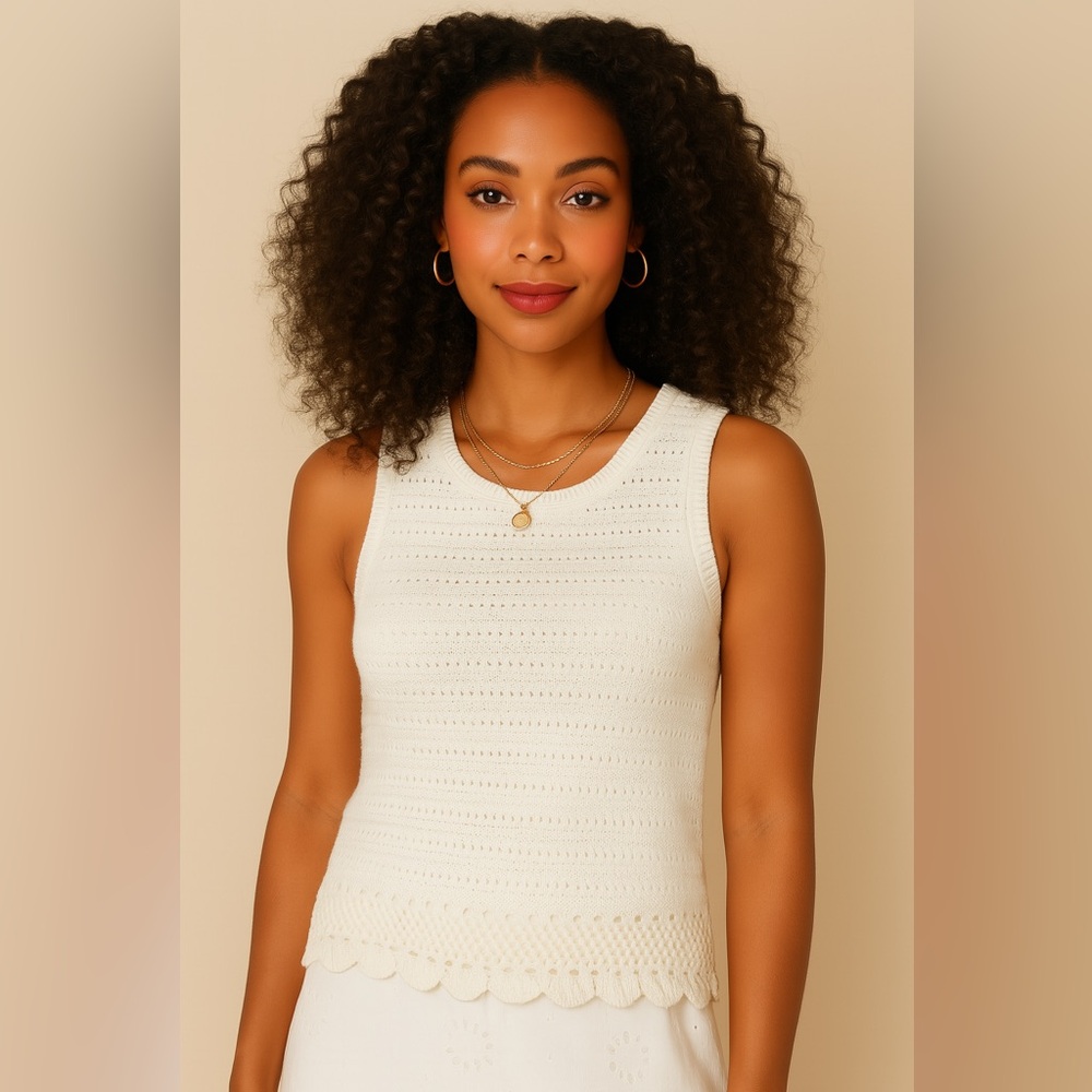 J Crew Fac NWT Intricate Crochet Sweater Tank Size Small in Ivory Scallop Hem